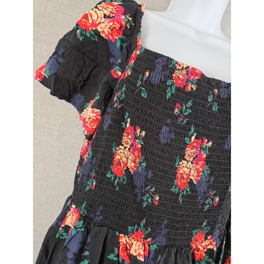 GAP Black‎ Floral Midi Dress XL TALL Flutter Sleeve Sundress Smocked Whimsigoth